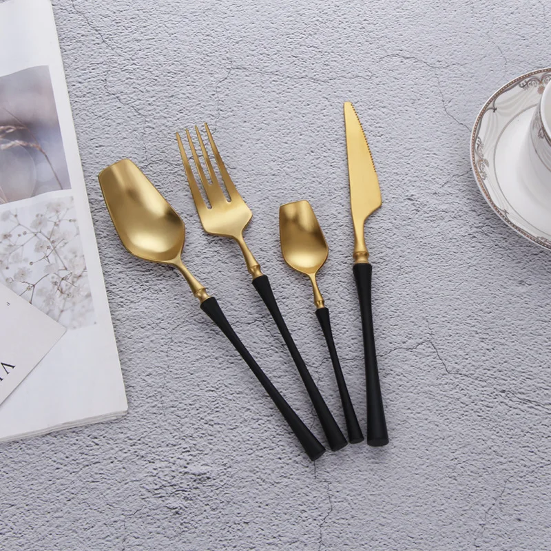 Promotion restaurant black handle gold flatware dinner set for wedding gift gold and black cutlery stainless steel cutlery