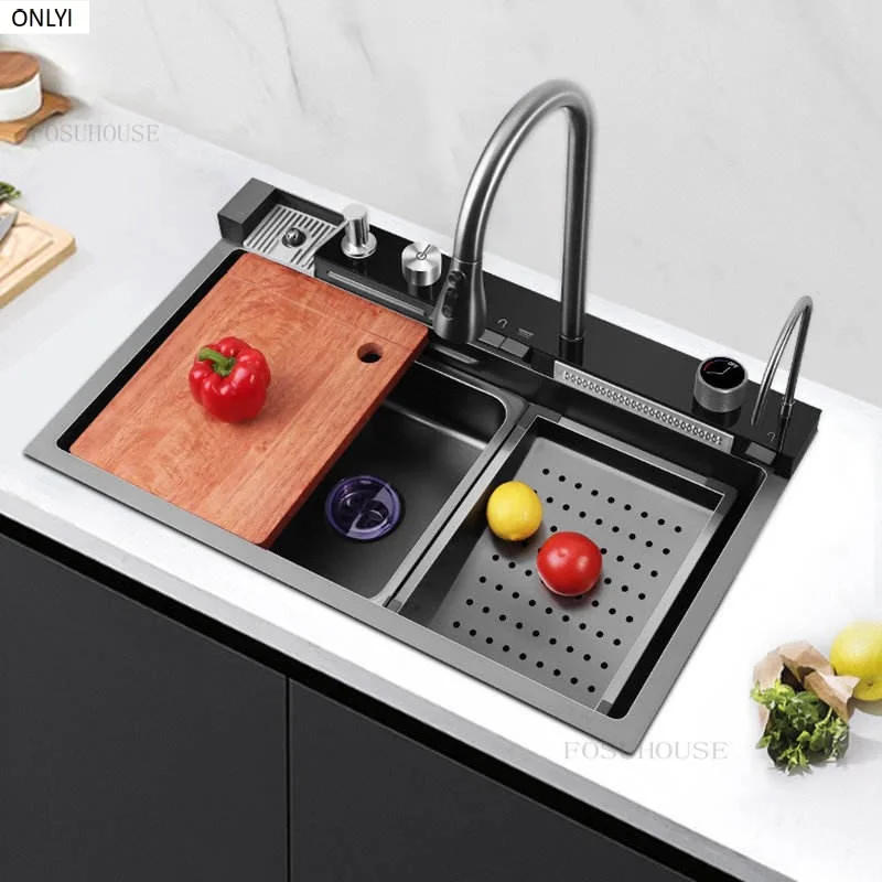 Large Single LED Digital Display Multifunctional Single Bowl Smart Whale Waterfall Kitchen Sink Faucet Set Silver Carton Box AF