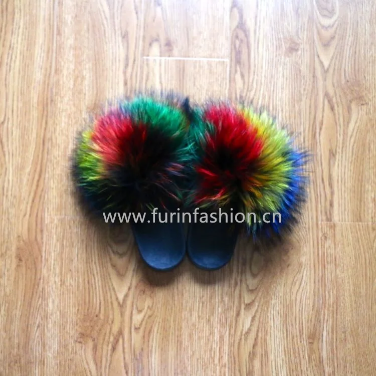 
Custom Real Multi-color raccoon fur slippers soft fur slides for Fashion Women 