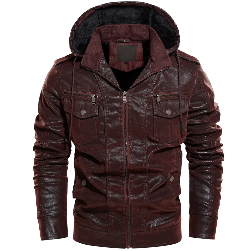 OEM Custom Service Wholesale Winter Stand Collar Hooded Brushed Men Outdoor Casual PU leather Biker Jacket