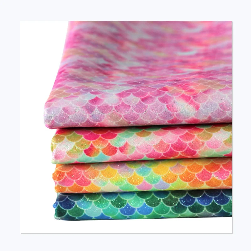 Factory Price A4 Mermaid Scale Print Short Flash Fabric Sequins Vinyl Artificial Leather DIY Hair Bow Craft