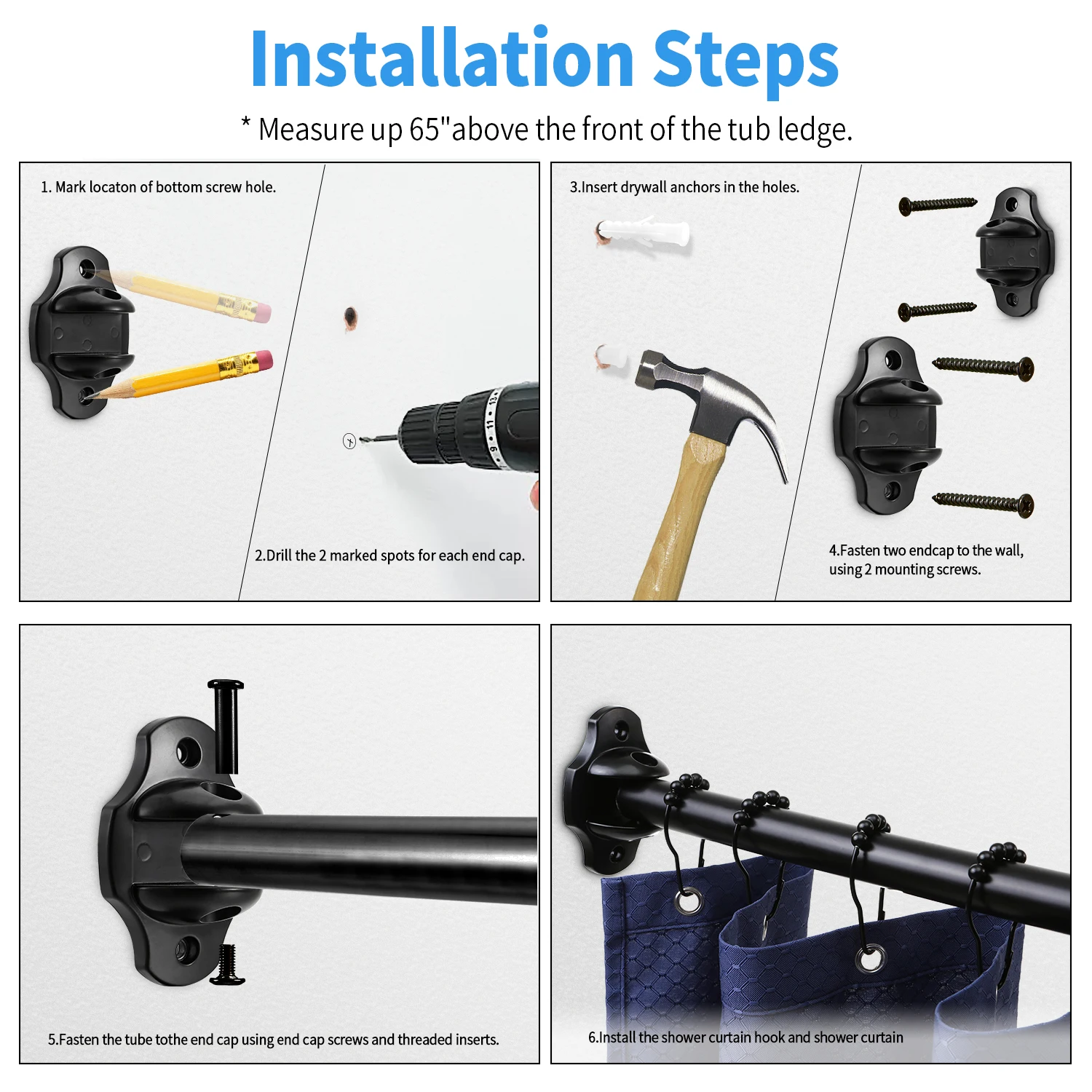 Curtain Rod Factory Price Adjustable Black Extra Long Curved Shower Curtain Rod SS304