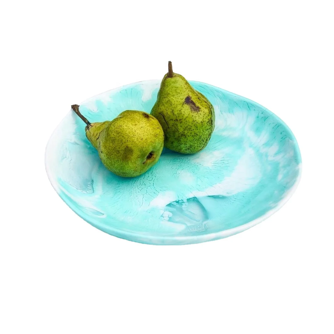 Handcrafted resin platter with marble texture salad platter serving plate used in home hotel and bar aqua swirl pattern plate
