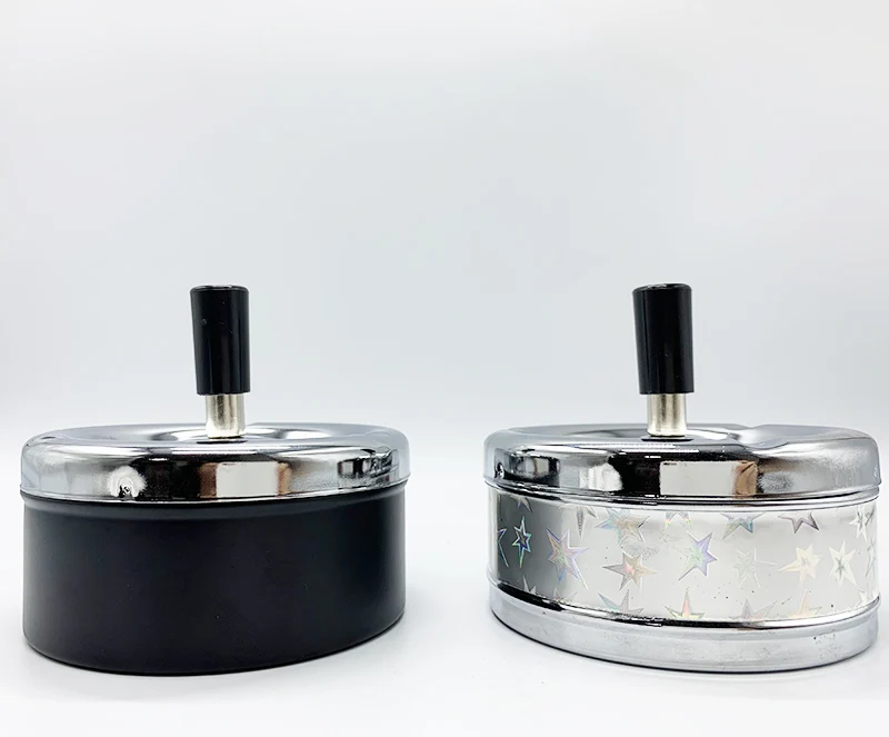 Factory Custom Logo Round Push Down Cigarette Iron Smokeless Cigarette Metal Ashtray With Spin Lid