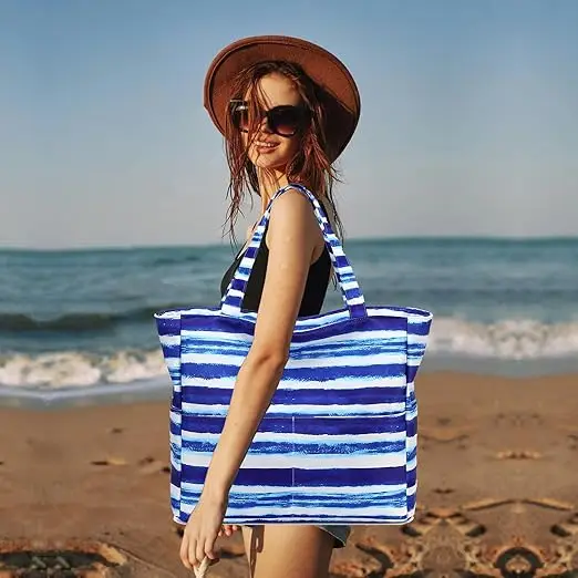 Large Tote Beach Bag Waterproof Sand proof Beach Pool Bag with Zipper and Wet Pockets Shoulder Bag