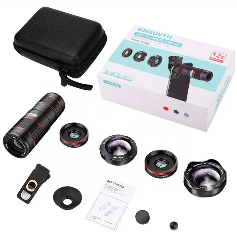 
Aipaxal 5 in 1 Phone Camera lens Kit 12X Vari-focal ZoomTelescope Telephoto Lens Mobile Phone Camera Lenses For iPhone 