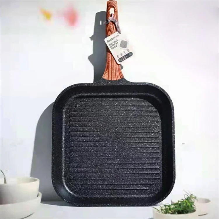 Wooden handle non stick skillets 28 cm square gas grill pan steak pan