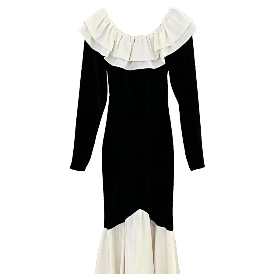 Winter slim-fit elegant elegant shoulder base velvet dress annual meeting fishtail long skirt