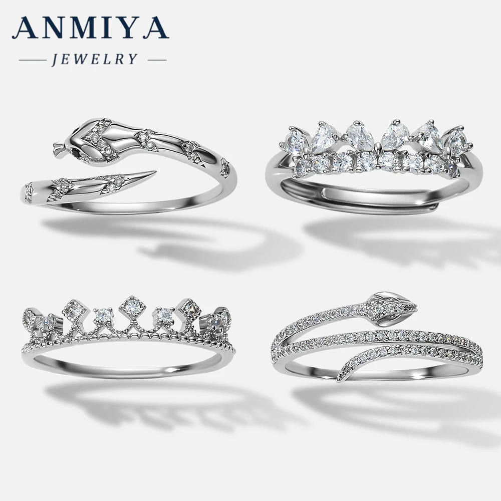 ANMIYA Custom Fashion Diamond Crown Ring 925 Sterling Silver Advanced Snake Shape Cubic Zirconia Fine Jewelry Ring For Women