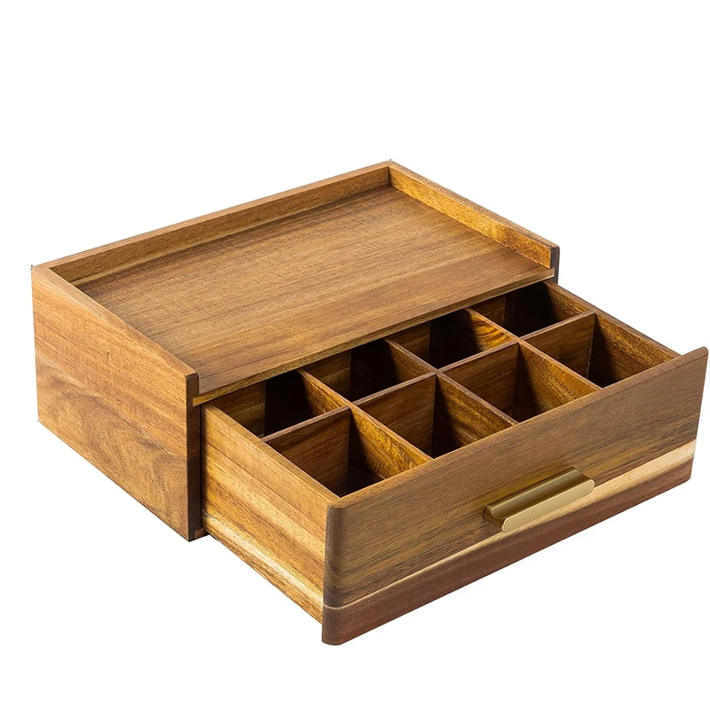 Wholesale 8 Compartments Acacia Wood Tea Box Tea Bag Organizers Storage Drawers for Countertop Tea Station