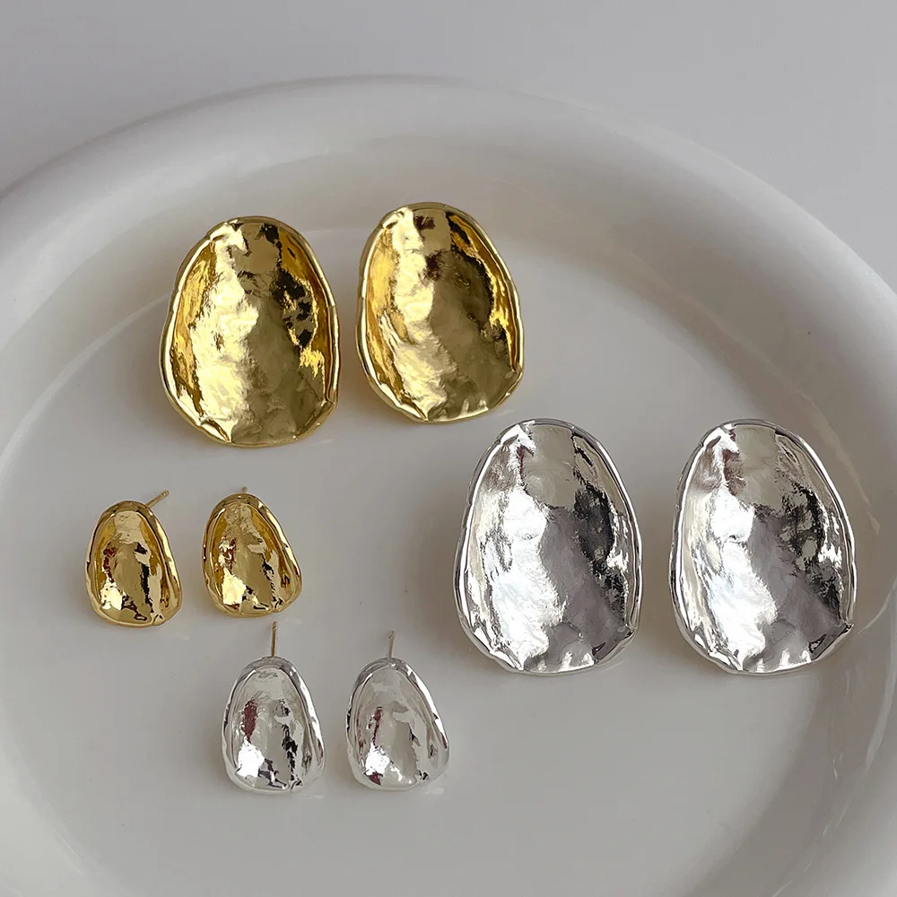 New Arrival Fashion Jewelry Irregular Geometric Oval Stud Earrings Gold/Silver Glossy Brass 14K Real Gold Chunky Earrings