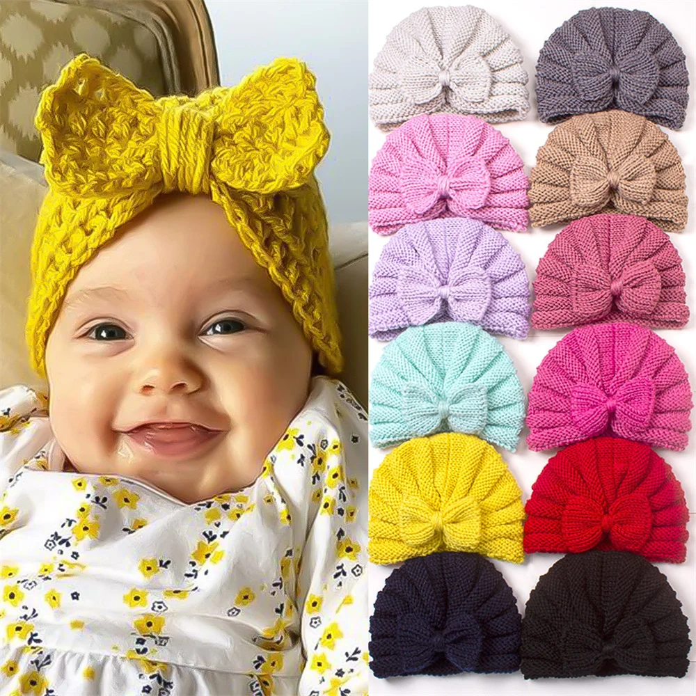 Wholesale Newborn Baby Girl Winter Solid Color Warm Knit Beanie Hats with Knot