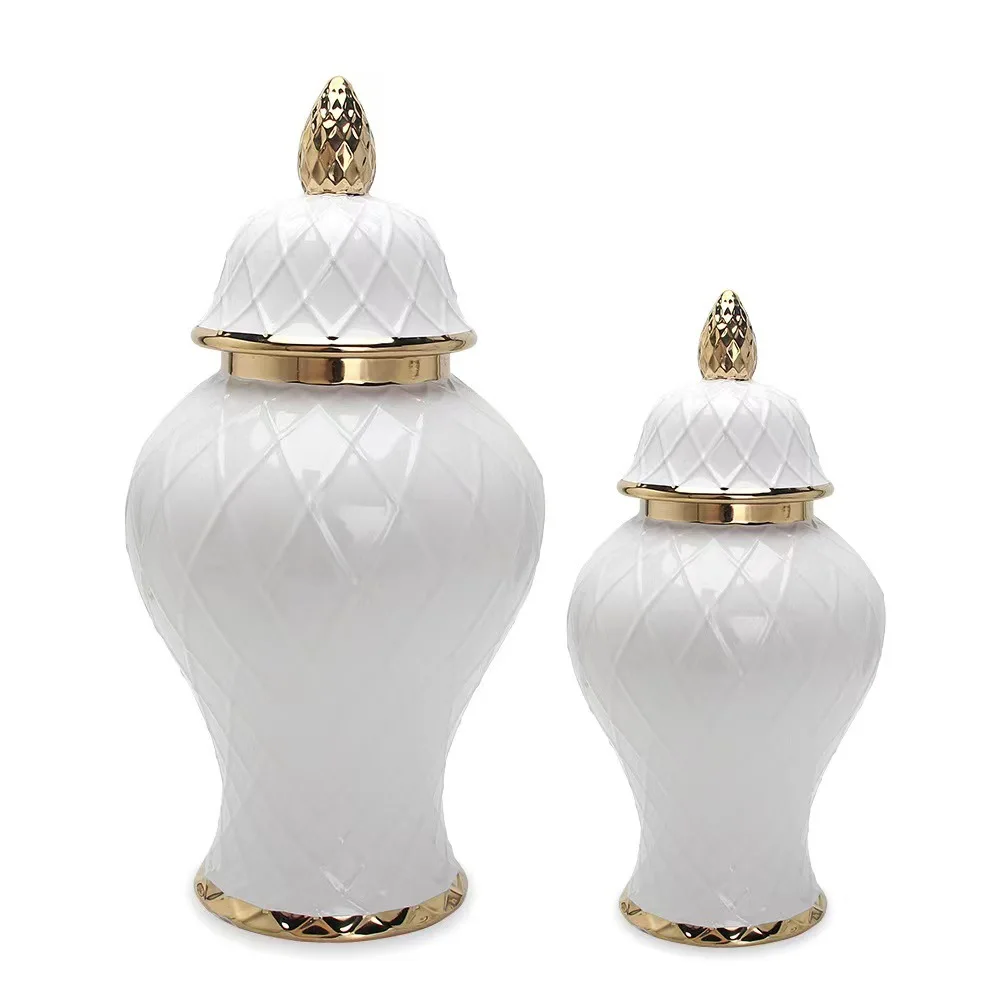 Home Decor Custom Wholesale Glazed White Electroplated Line Golden Ceramic Ginger Jar Flower Vase With Lid