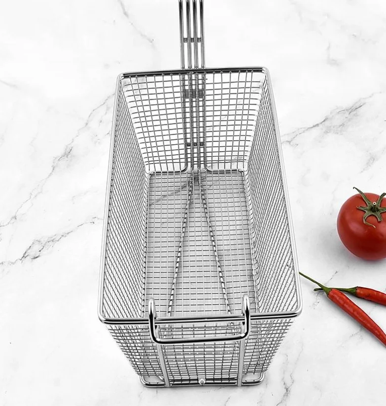Commercial Kitchen Nickle Plated Stainless Steel Deep Fryer Basket French Fries Basket with Front Hooks Non-Slip Handle