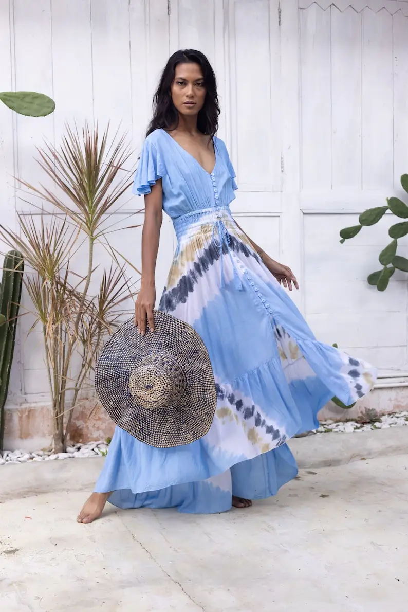Bohemian beach wear silk dress V-neck summer Indian silk saree for ladies fashion maxi long dress for woman