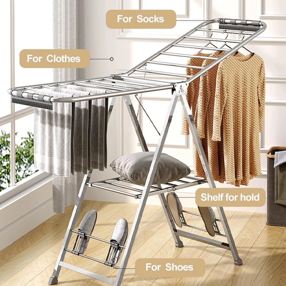 Stainless Steel Foldable Gullwing Clothes Drying Rack Space-Saving with Bonus Sock Clips for Bathroom Use