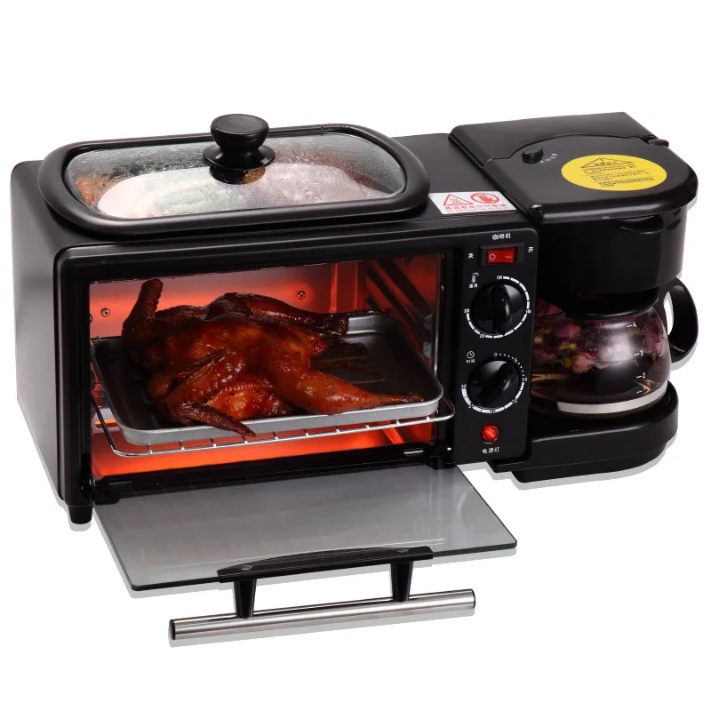 Household Multi-function Breakfast Station Electric 3-in-1 Toaster Oven Microwave Barbecue Grill & Coffee Maker Stainless Steel