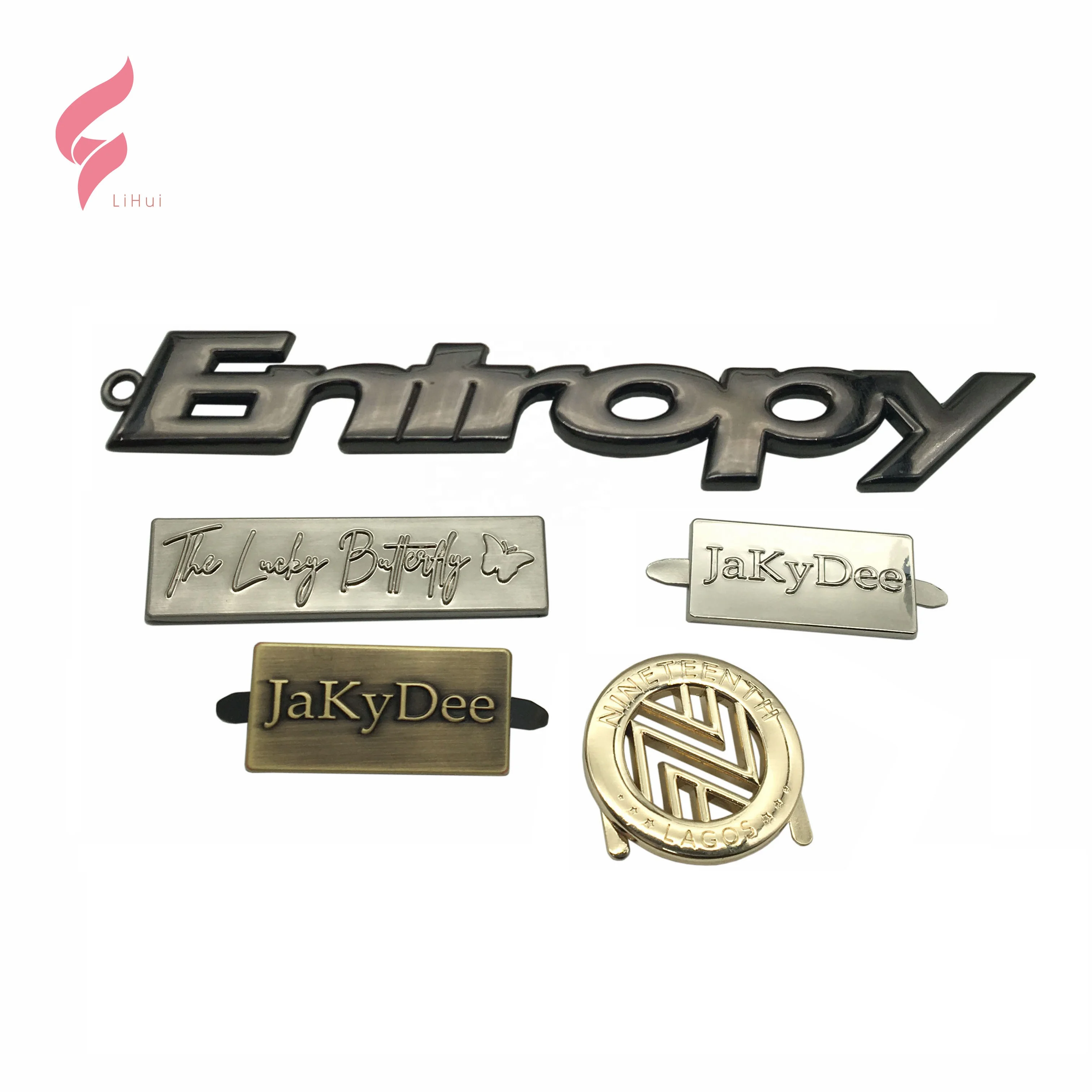 Lihui factory price brushed metal tag custom made tag logo metal logo brand for garments