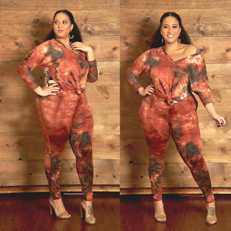 2021 New Arrivals Bodycon Tie Dye Clothing Outfit Plus Size 2 Piece Set Women