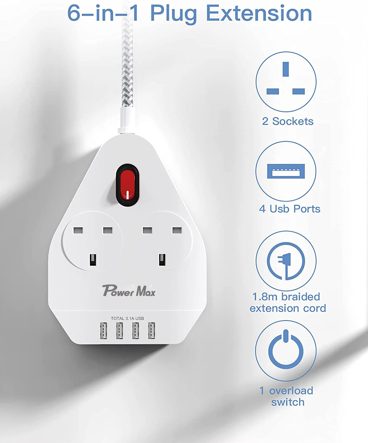 Extension Lead UK Pin Plug and Cable, 2 Gang Way 2m Power Adapter, Multi Socket Mains Strip White