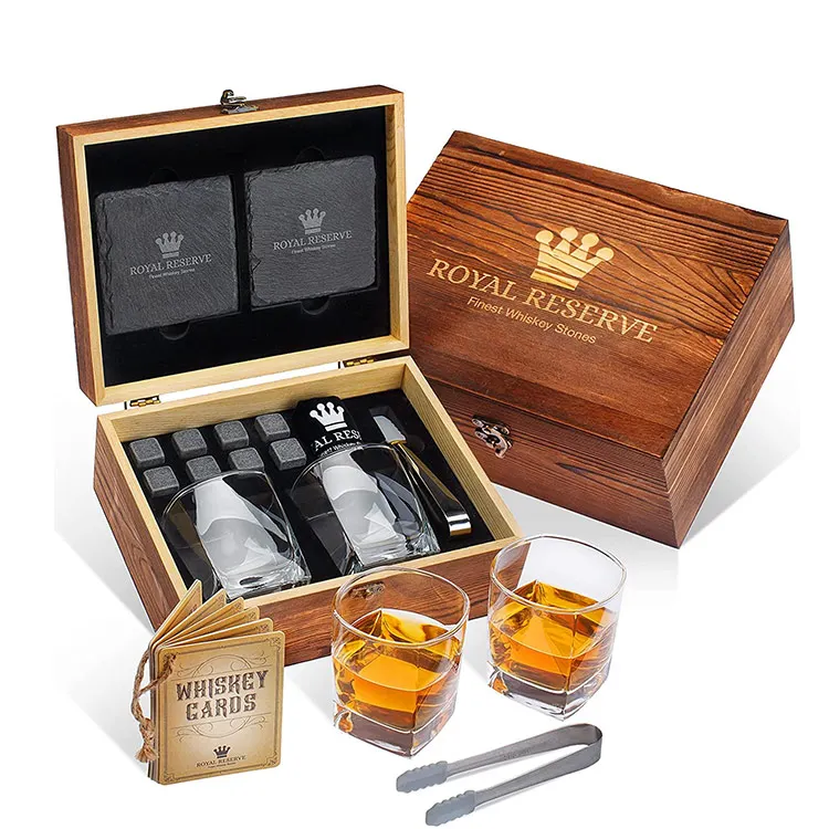 Most Popular Whiskey Stones And Glasses Gift Set Premium Handmade Wooden Box Whiskey Rocks Chilling Stones