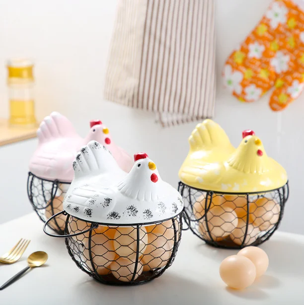 Egg Holder Iron Chicken Shape Ceramic Hen Ornament Fruit Storage Basket Durable Egg Storage Basket