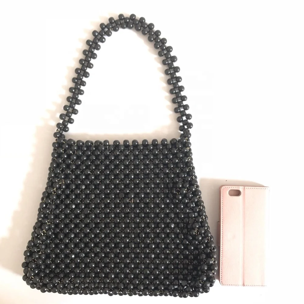 Black Color wood bead shoulder bag handbag new designer street wear collection style