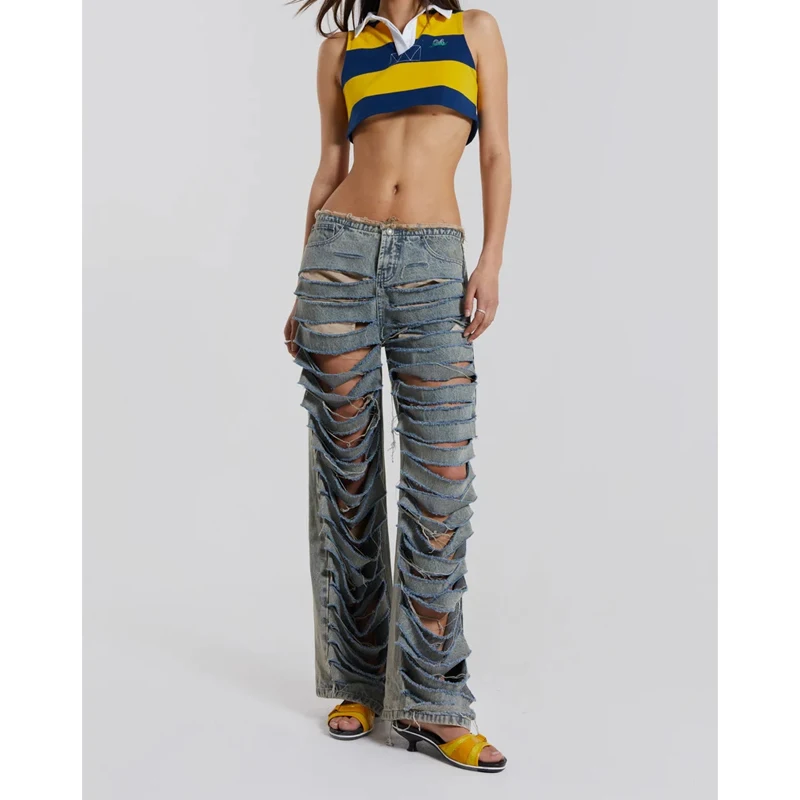 OEM Latest Designer Slashed Straight Boyfriend Pants Ripped Low Rise Extremely Shredded Trousers Denim Jeans For Girls