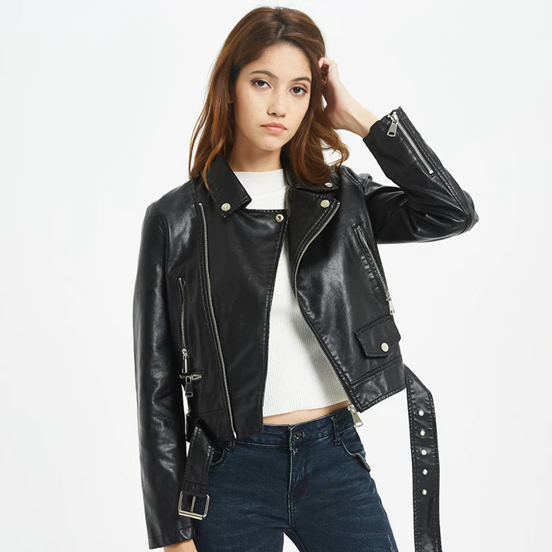 2020 New Fashion Women Autumn Winter Black Faux Leather Jackets Zipper Ladies Coat Turn-down Collar Biker Jacket