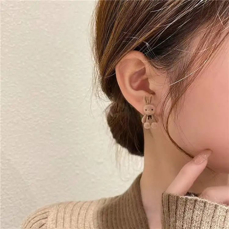 autumn winter accessories 925 Silver Needle Cartoon stud earrings Girl Plush Rabbit Little bear Lovely flocked Earrings