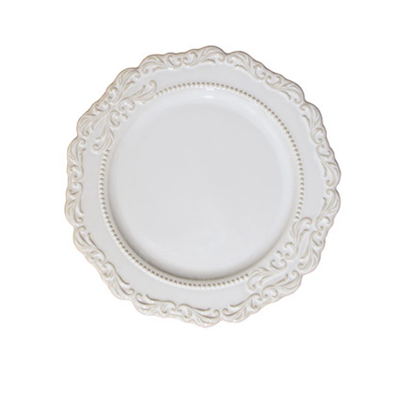 Bulk Vintage Ceramic Dinner Plate Fancy White Dessert Plate Dish With Emboss For Hotel Restaurant