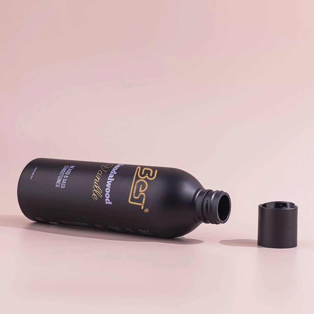 High Quality Injection Molding Black Skincare Body Lotion Shampoo 250ml Sand Blast Plastic Liquid Bottle with Disc Cap