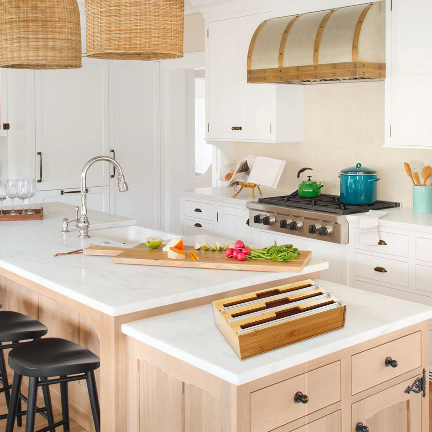 Bamboo Cling Wrap Dispenser with Cutter 3-in-1 Plastic Wrap, Wax Paper, Aluminum Foil Dispenser Organization and Storage