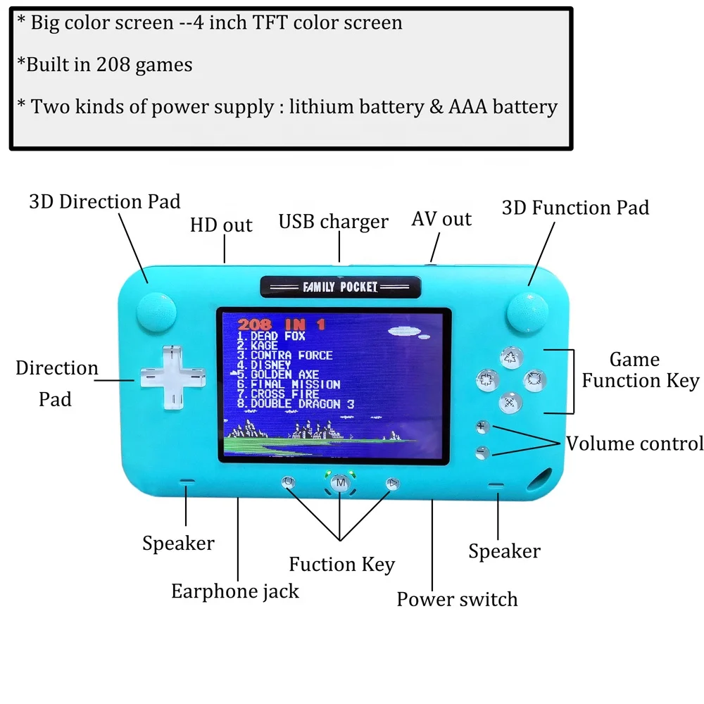 8 бит 4,0 дюймов цветной экран карман геймпад Портативный Видео игровой плеер построен в 208 игр двойной джойстик