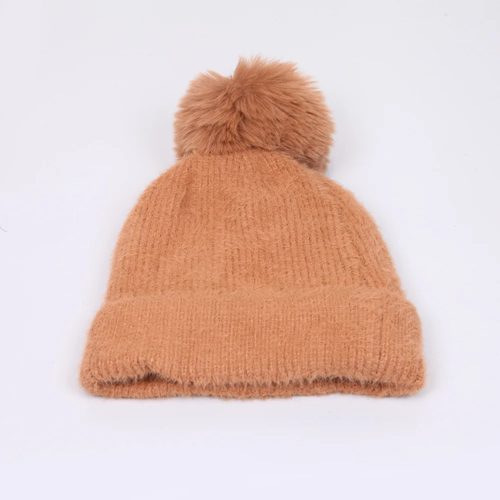 Outdoor Faux Fur Pompom Beanie Hat with Lining Winter With Custom Logo Solid Color Warm Knitted Skull Caps Beanies