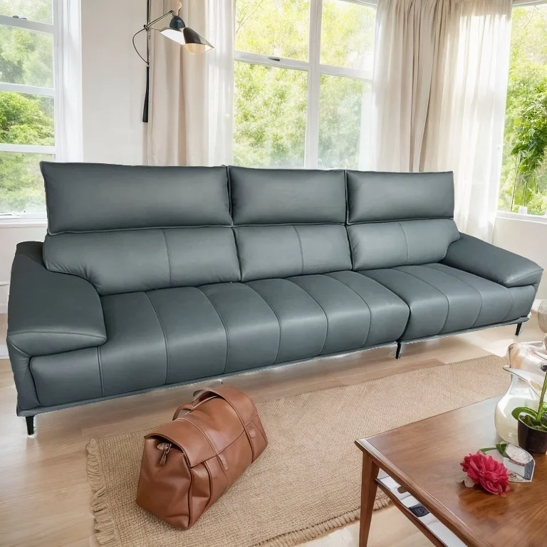 I Shape Adjustable Head Premium Genuine Leather Sofa With Black Steel Legs For Living Room Furniture