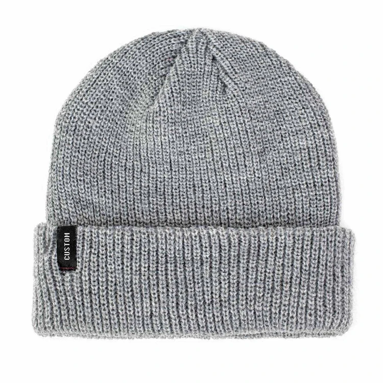 Wholesale Custom Beanie Woven Label 100% Acrylic Light Heather Grey Knitted Beanie Winter Hat For Men