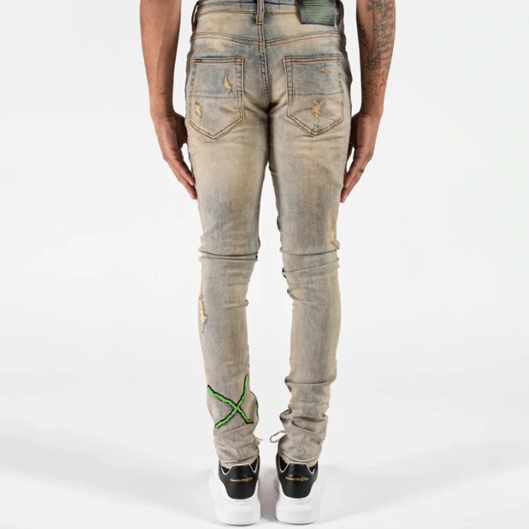 Customized 3D Distressed Embroidered Snake Ripped Denim Jean For Men