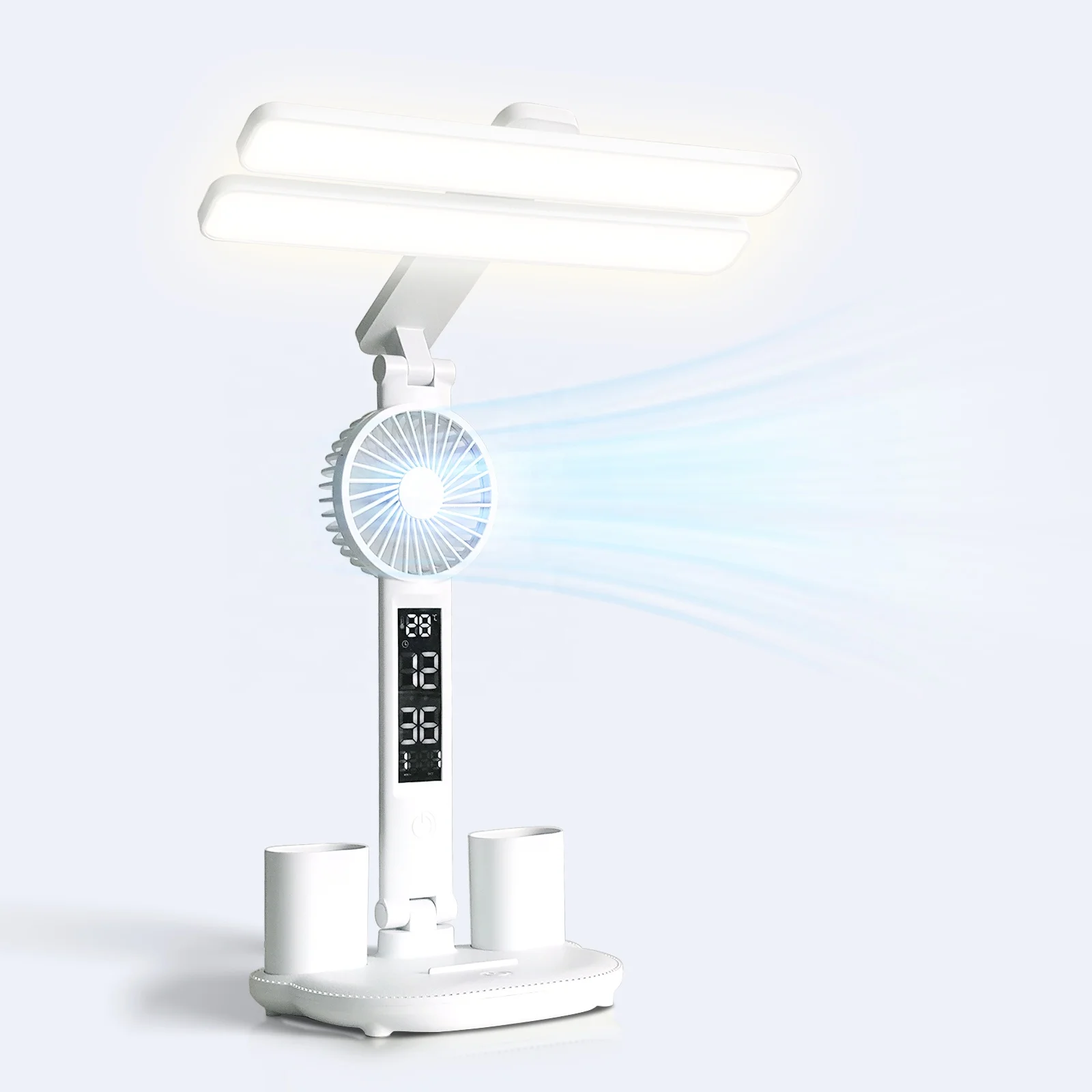 Tehoi Dual Head LED Desk Lamp with Calendar Clock and Fan Touch Control Foldable Table Lamp for Bedroom and Reading