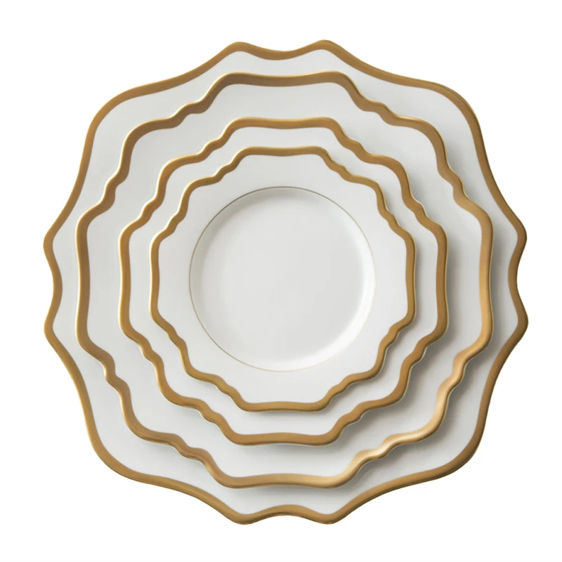 Wholesale Nordic White Sunflower Ceramic Charger Plate Set Tableware Gold Rim Porcelain Dinnerware Dishes Sets for Wedding Party