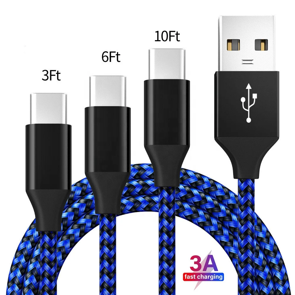 USB Type C Cable 5 Pack 3 Pack 3ft 6ft 10ft Nylon Braided 3A Fast Charging USB Type C Cable for Samsung Android USB-C