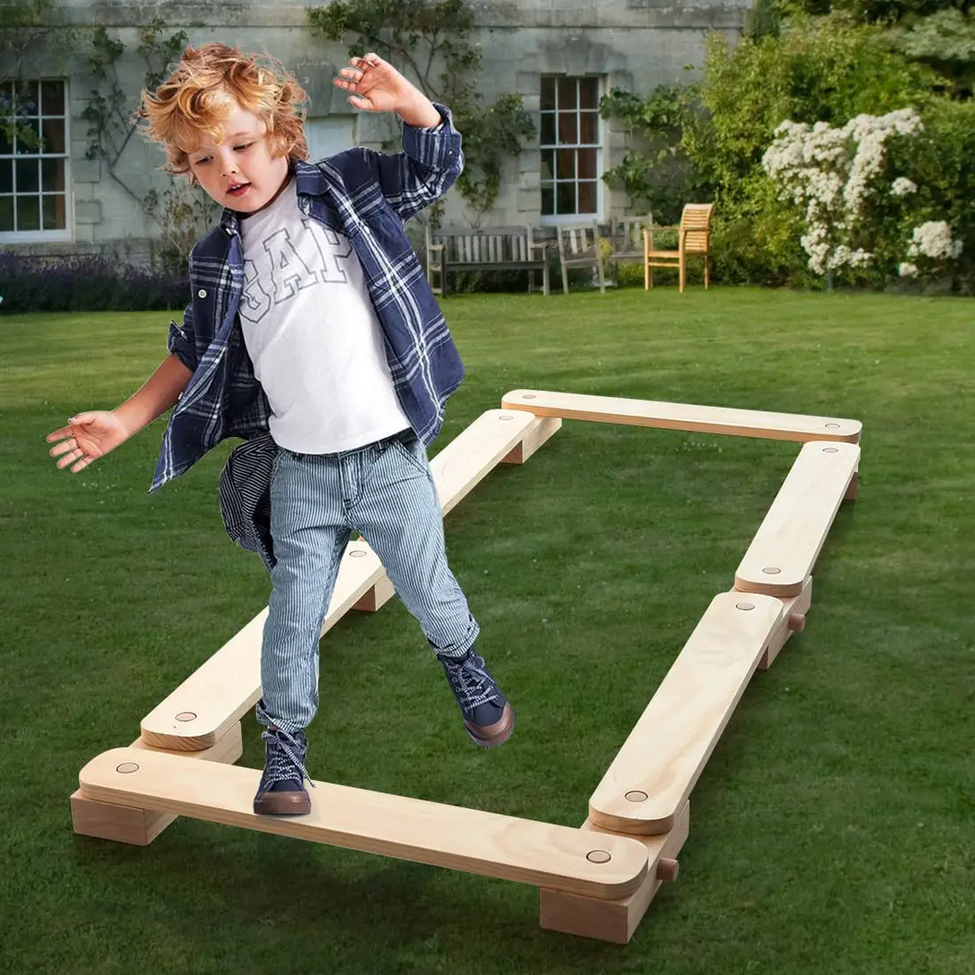Wooden Balance Beam Furniture Indoor Toy Stepping Stones Indoor Playground Obstacle Course for Kids Balancing Mat