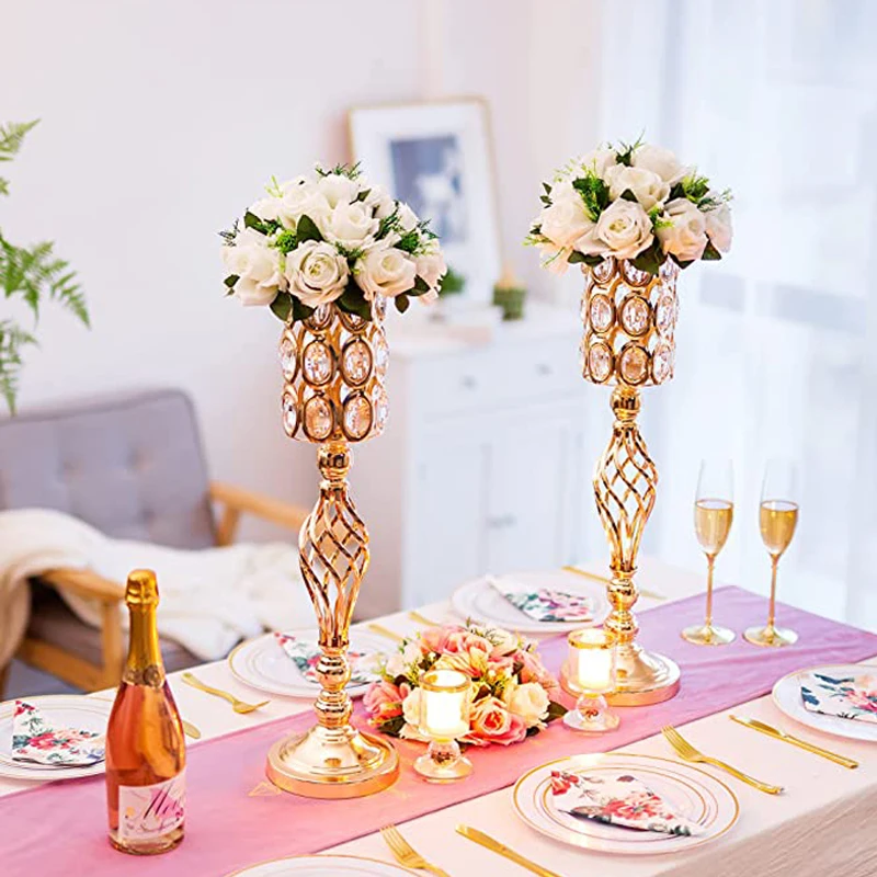Metal Diamond Crystal Wedding Centerpiece Vases for Tables, Gold Versatile Tall Flower Holders Centerpiece Flower Stands
