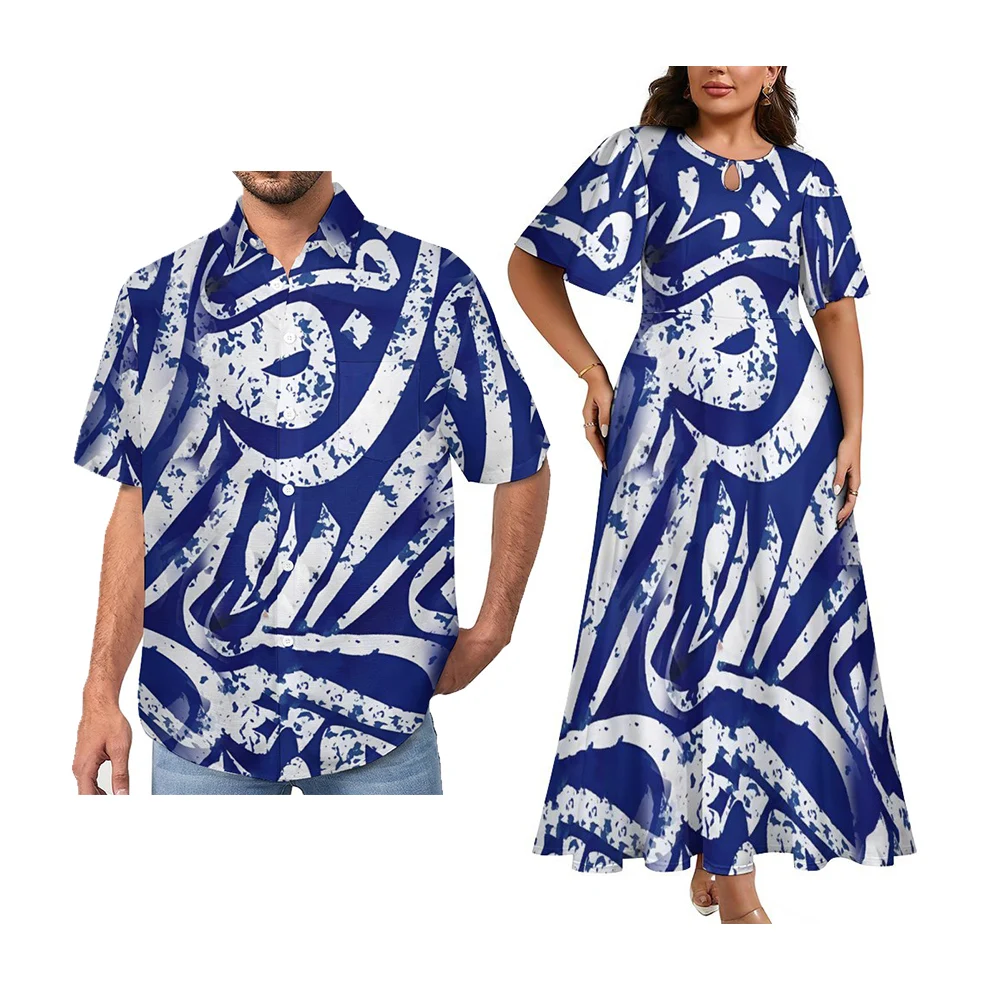 Factory Price Polynesian Elei Tribal Design Custom Couples Sets Womens Round Neck Short Sleeve Dress Men Shirt Couple Suit