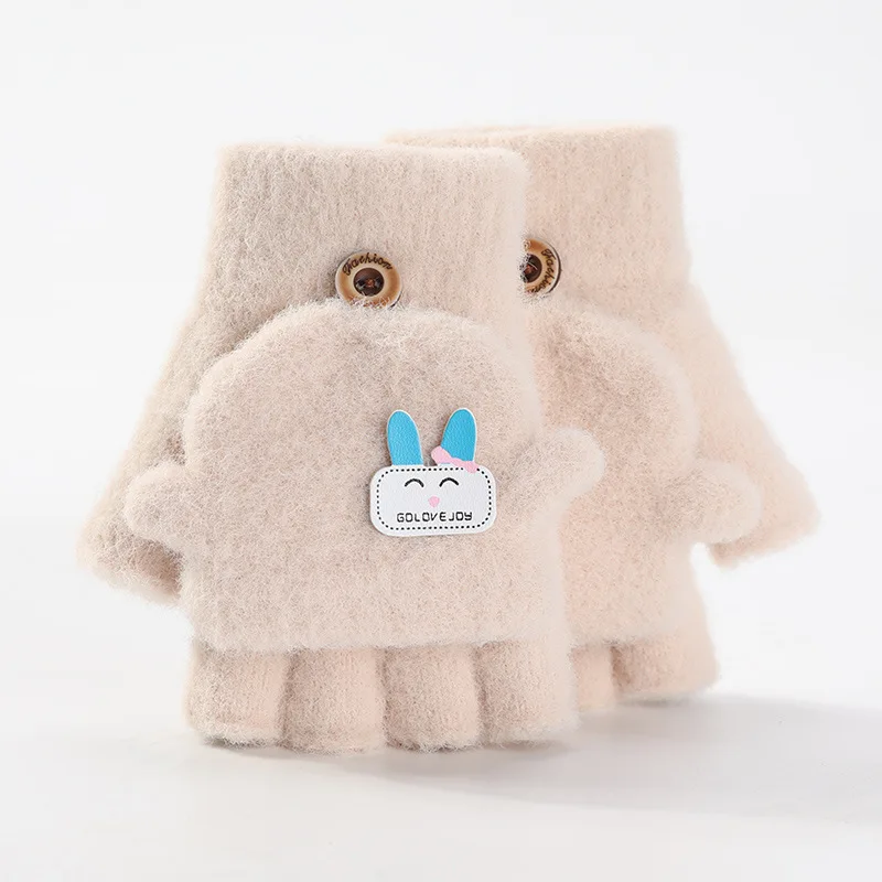 Winter Windproof antifreeze velvet warm 3-6 years Kids Gloves Children cartoon half finger knitted mittens