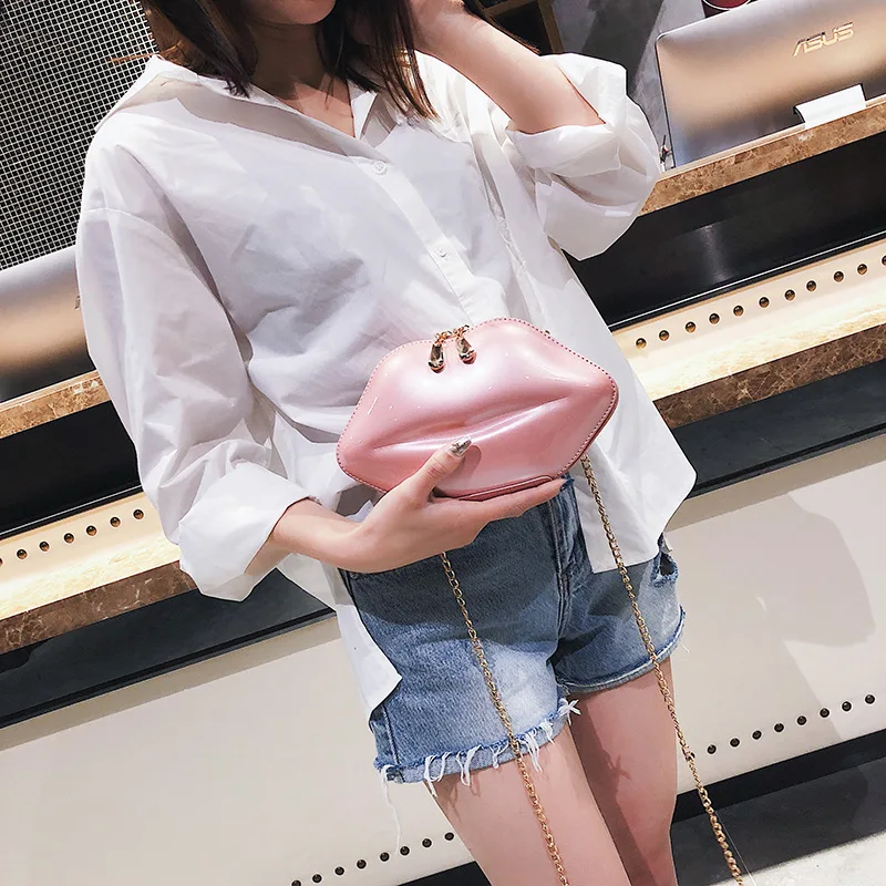 lips fashion creative patent leather clutch evening bags women party chain shoulderbags