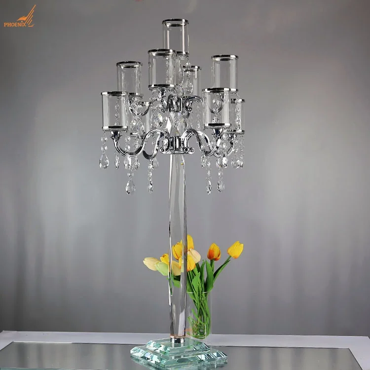 New Trend 9 Branches Silver Metal Candelabra Wedding Centerpieces Crystal Candle Holders