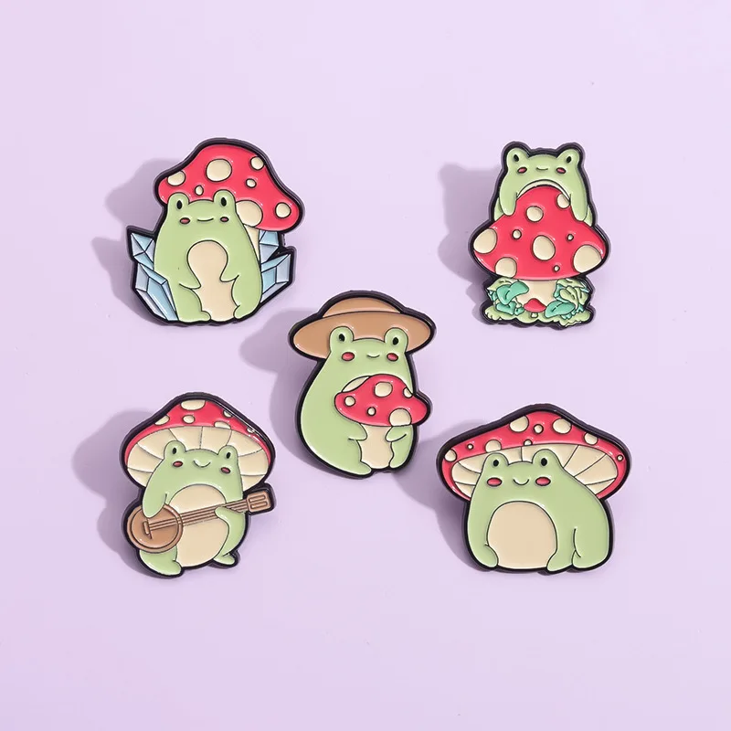 Cute Animal Frog Lapel Pin Mushroom Frog Cartoon Enamel Pins for Backpack Clothes Jewelry-Offset & Silk Screen Printing Gift