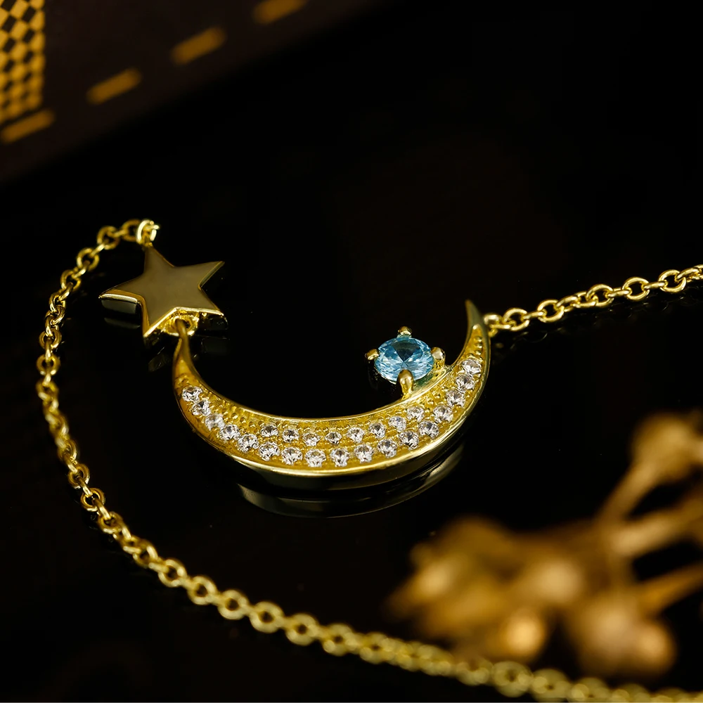 Grace Jewelry Sea Blue Gemstone 925 Sterling Silver Star  Half Moon Crescent Moon Necklace