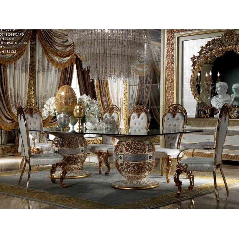 Rococo Royal Luxury Furniture Gold Wood Carving Long Dining Table and Chair Set Glass Countertop